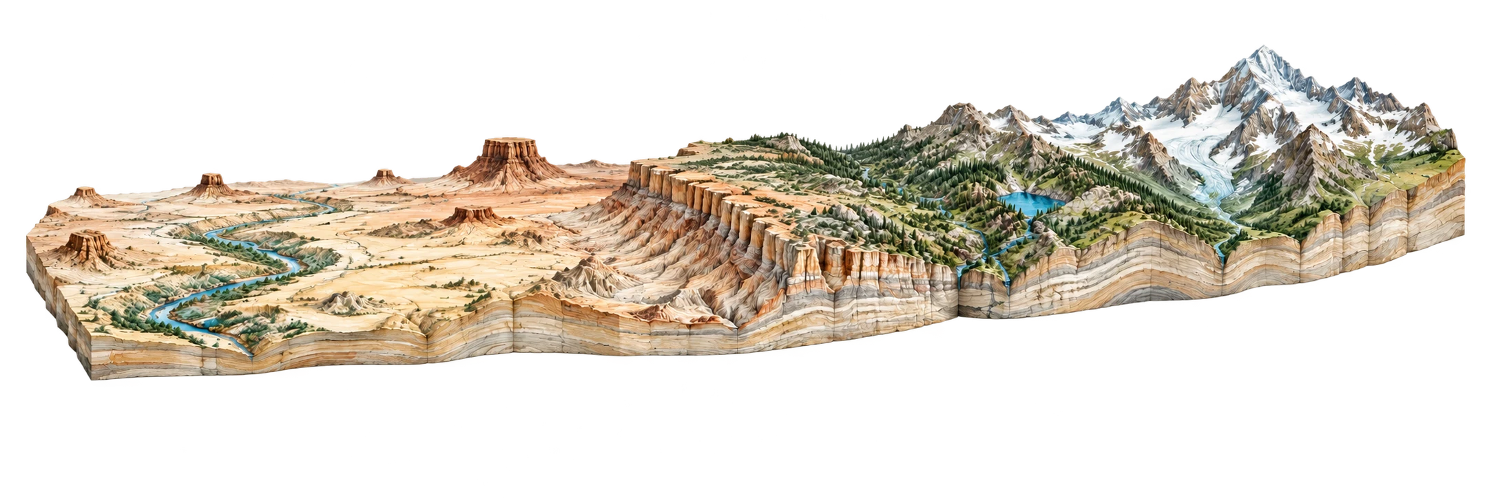 Illustrative cutaway showing the relationship between a basin, an escarpment and mountain relief
