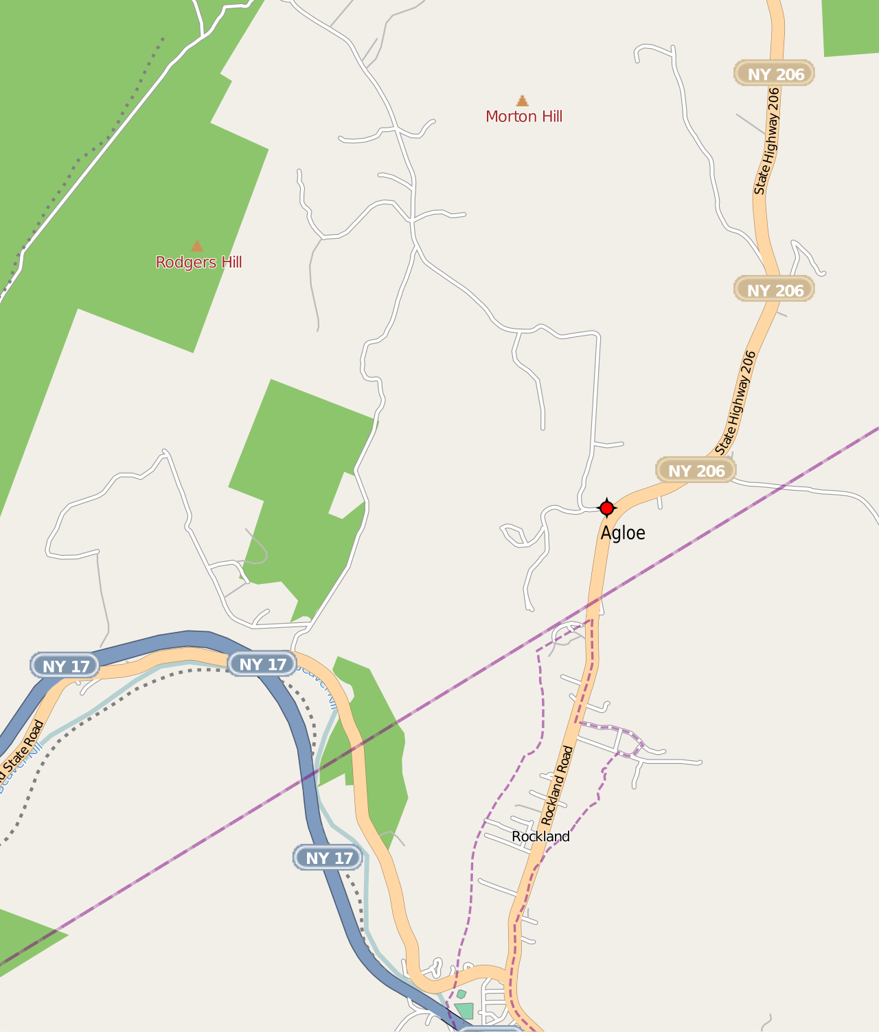 Modern OpenStreetMap map of the area associated with Agloe; this is not a 1930 General Drafting original.