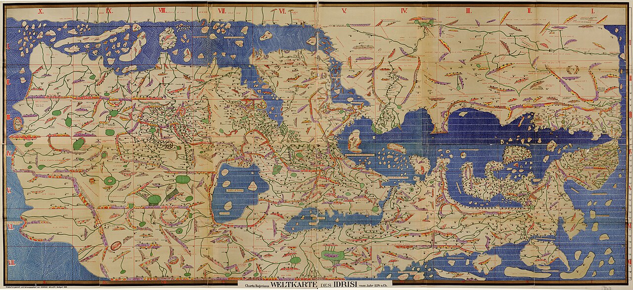 Konrad Miller’s 1929 reconstruction of al-Idrisi’s world map, with coloured seas and densely named landmasses.