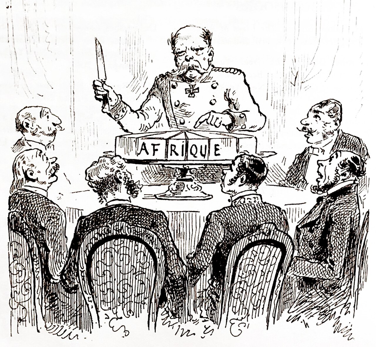 Political cartoon showing European figures dividing a surface labelled Afrique.