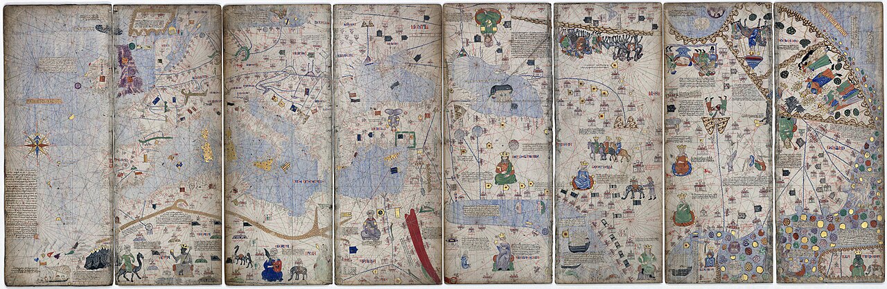 Six-panel reproduction of the Catalan Atlas, showing decorated coastlines, place names and figures.