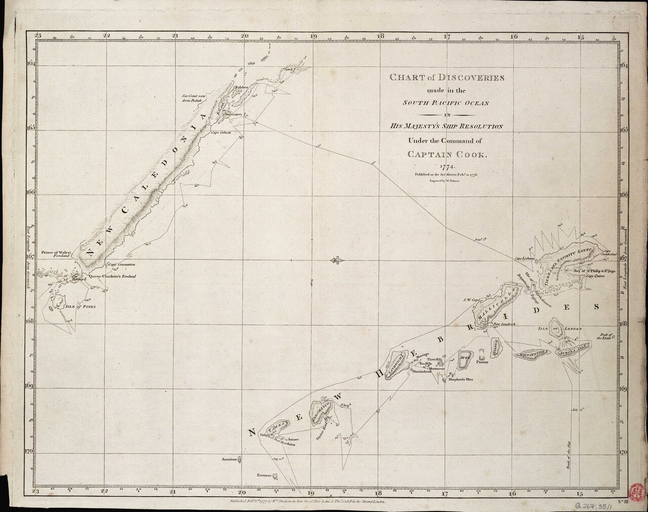 Historical Pacific chart with coastlines, island names, navigation tracks and latitude lines.