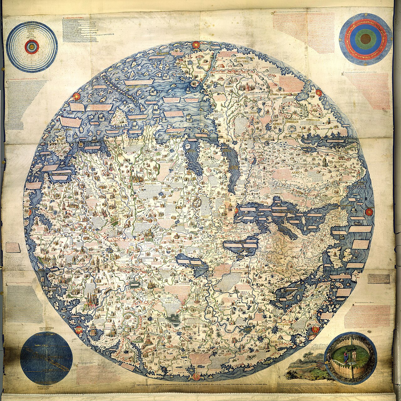 Circular world map densely filled with named places and routes, surrounded by decorated corner panels; an 1806 copy of Fra Mauro’s map.