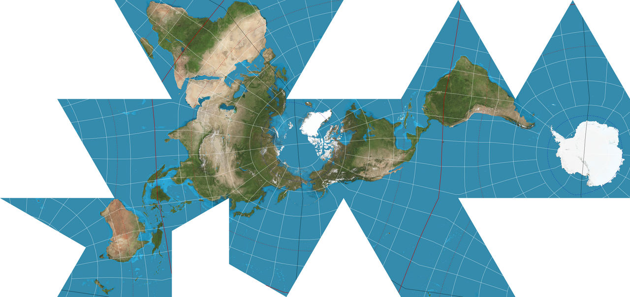 Modern diagram of the Dymaxion projection with landmasses divided across triangular panels; this is not a 1954 original.