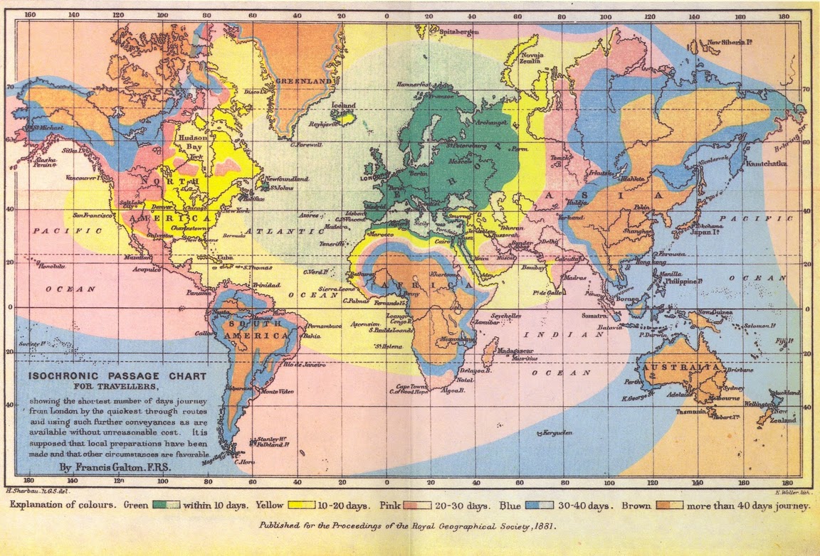 Colour-coded world chart of travel times from London with a small legend.