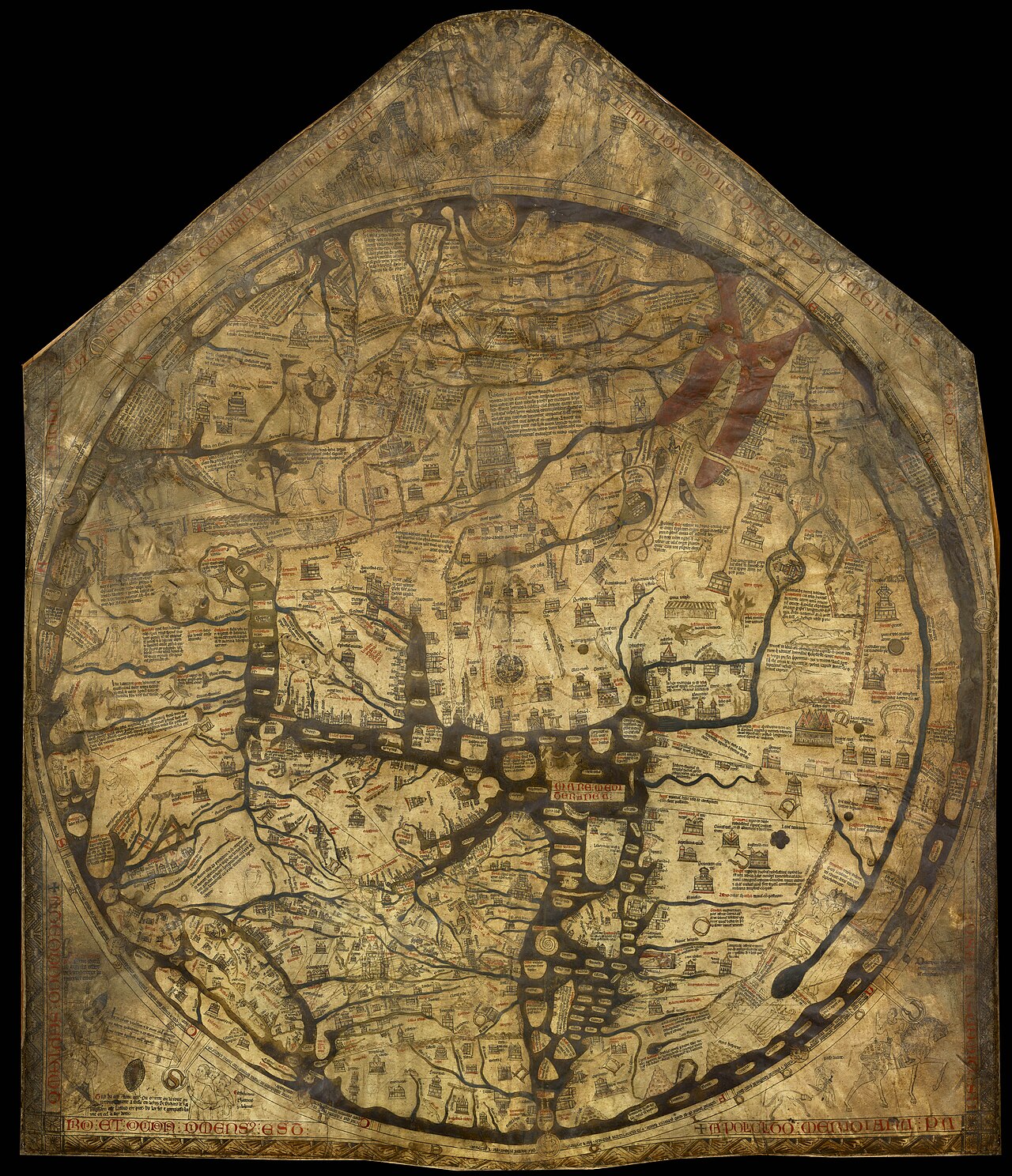 Aged manuscript world map with a roughly shield-shaped outline, dense writing and small figures.