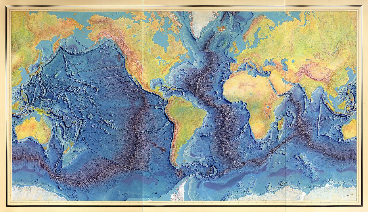 Coloured world ocean-floor map showing submarine ridges and continental relief.