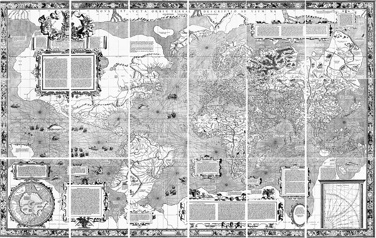 Black-and-white composite of Mercator’s 1569 world map, with latitude lines and decorated panels.
