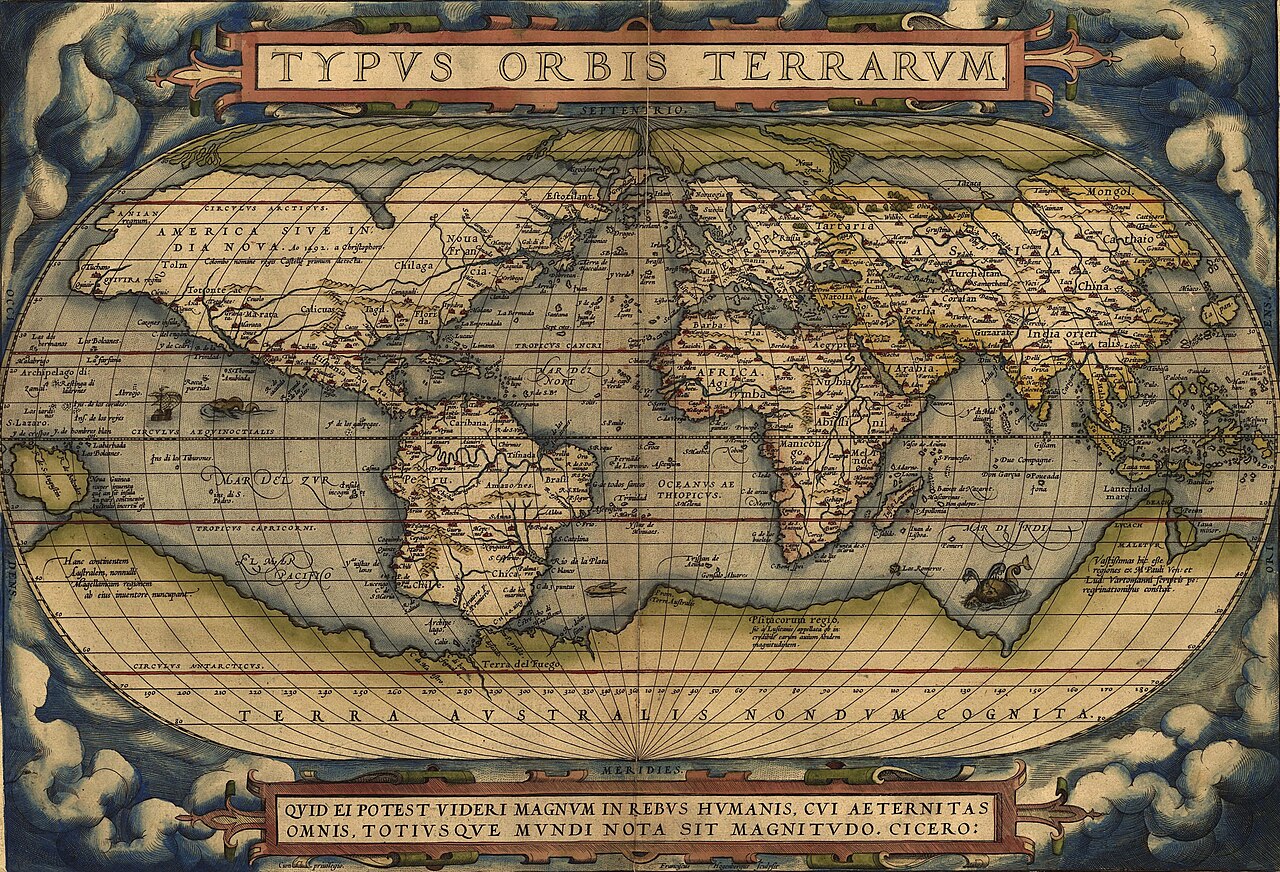 Coloured world map in an oval frame, with decorated corners and the heading Typus Orbis Terrarum.