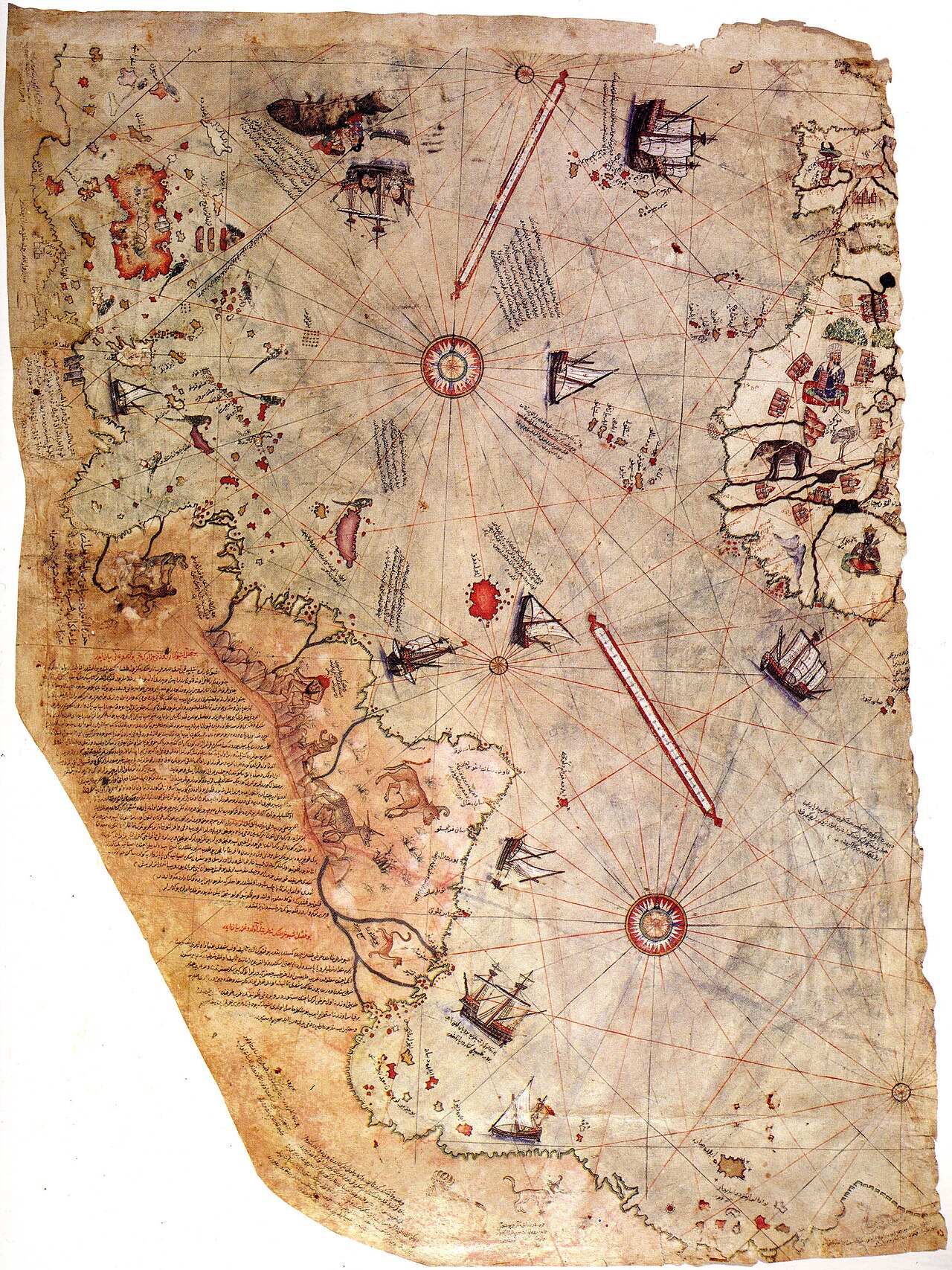 Fragment of an illustrated parchment chart with coastlines, place names, compass lines and small figures.