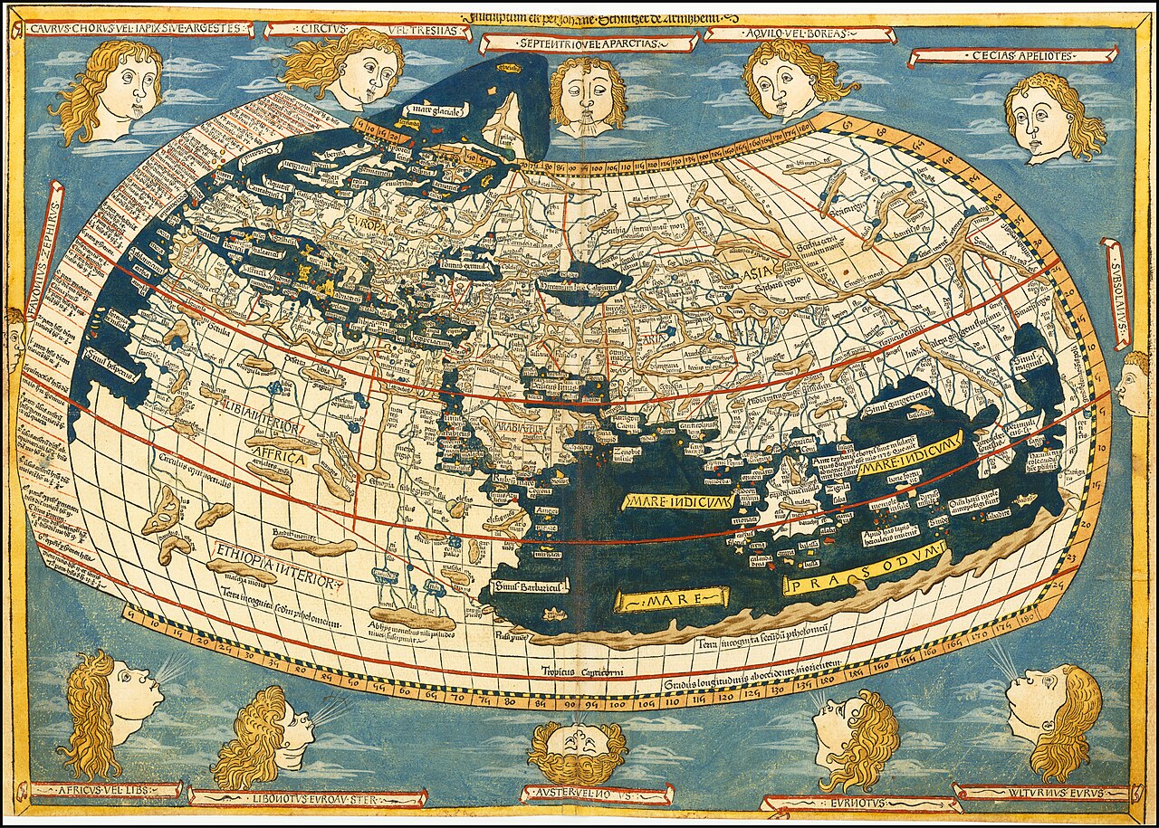 Colour reproduction of Ptolemy’s world map, with blue sea, named landmasses and decorative figures along the border.