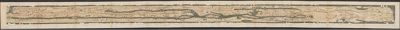 Long narrow illustrated road map with place names, red routes, small buildings and rivers.