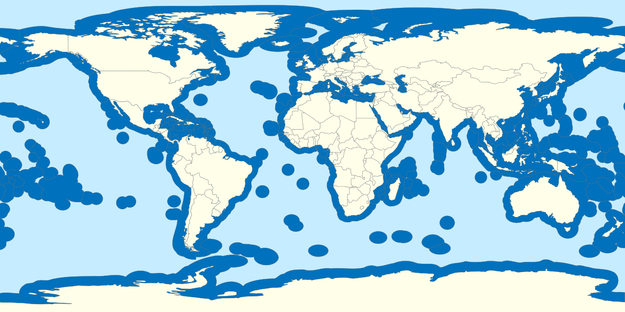 Modern world map showing maritime zones in blue around landmasses; this is not the original 1982 treaty document.