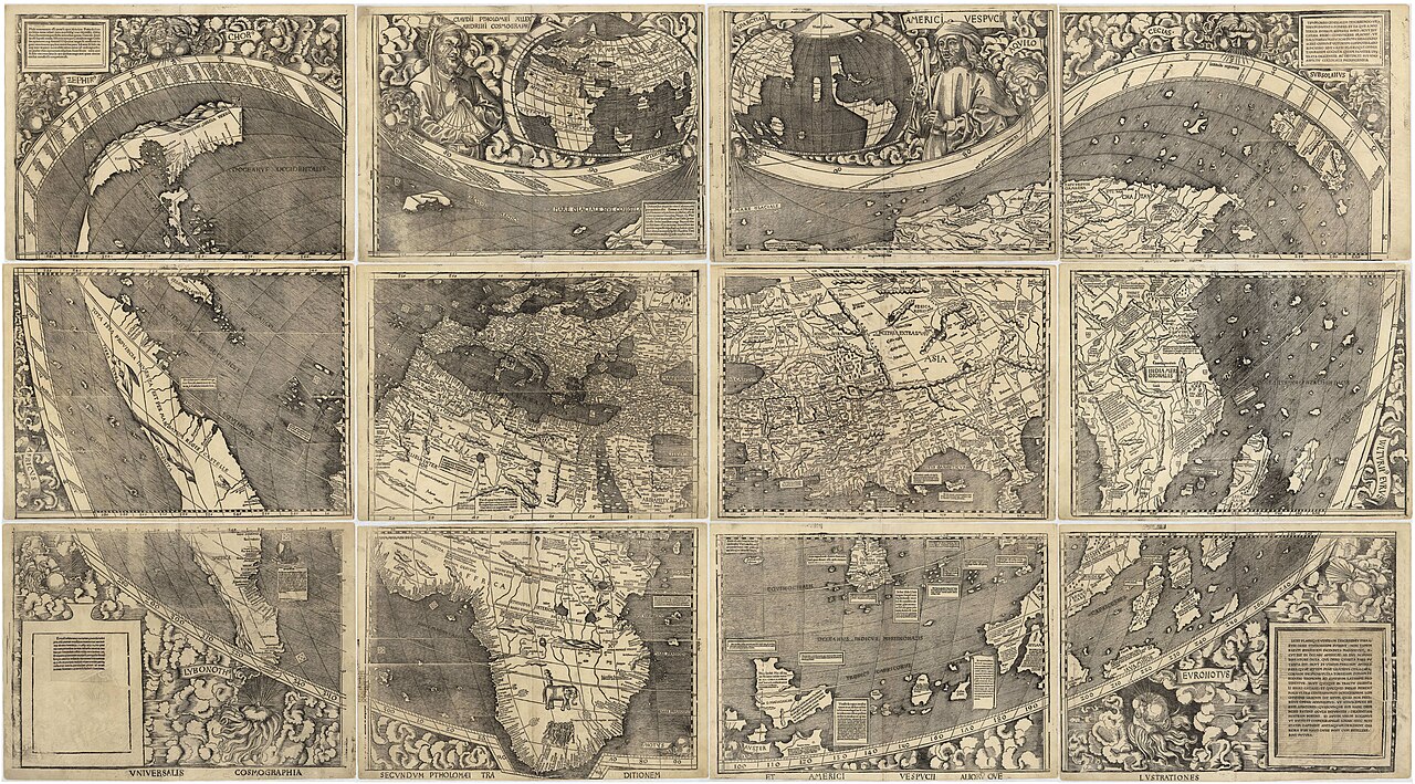 Black-and-white composite of the twelve-sheet 1507 Waldseemüller world map.