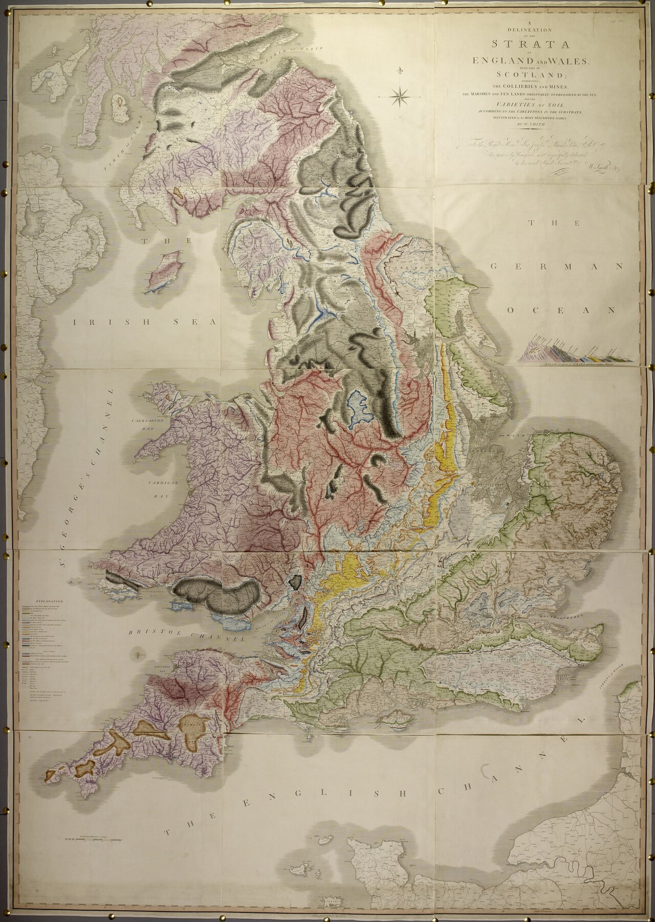 Coloured geological map of Britain with a stratigraphic colour key down the side.