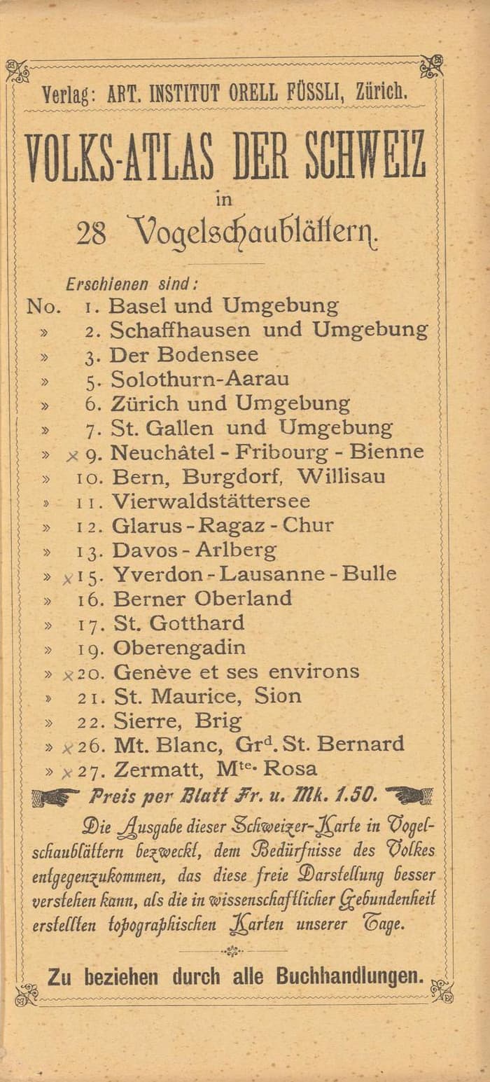 Publisher’s printed list of available Swiss atlas leaves, including Zürich, Vierwaldstättersee and Berner Oberland, on the back of leaf 11.