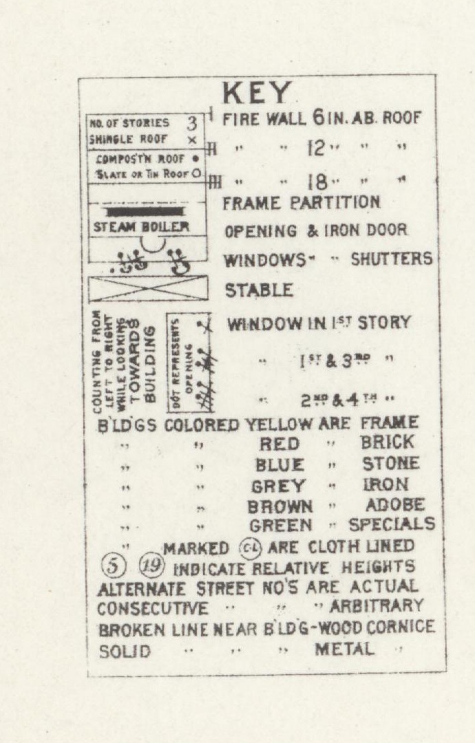 Original 1893 key: yellow frame, red brick, blue stone, grey iron, brown adobe, green specials; symbols for walls, windows, roofs and stables.
